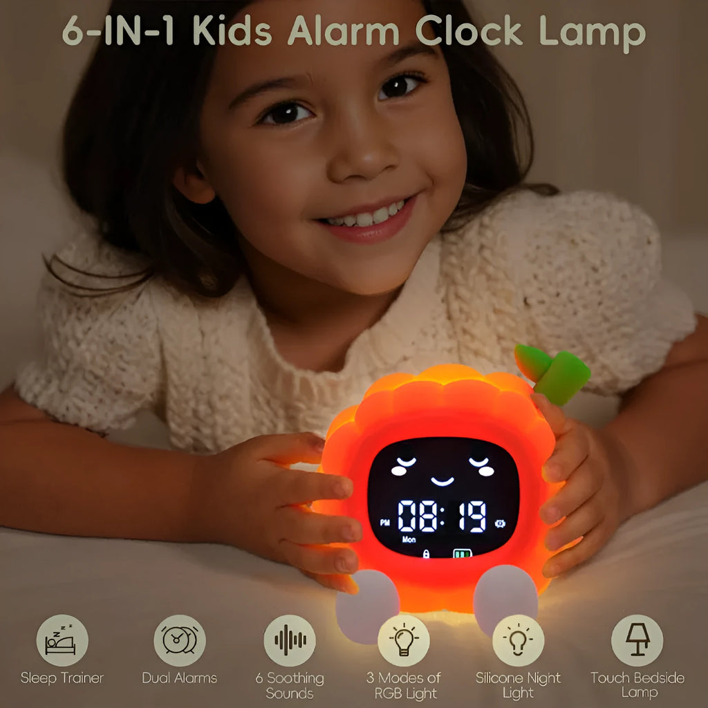 Cartoon lychee alarm clock with white noise feature, silicone shell in litchi colour, and mobile phone holder