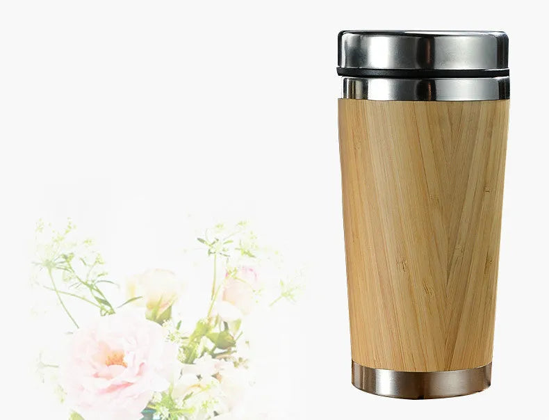 Bamboo coffee cup with thermal insulation, leak-proof lid, and anti-slip foam pad base showing 420ml capacity