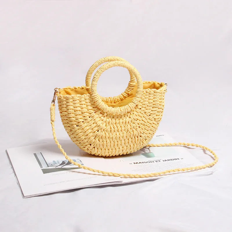 Seaside Vacation Beach Mini Straw Bag in dumpling shape with woven texture and open pocket, available in multiple colours