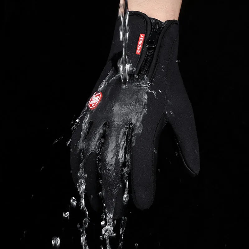 Winter touch screen motorcycle gloves with fleece lining in black and blue colours