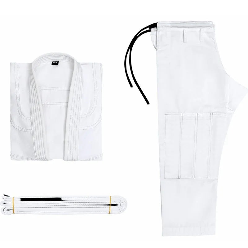 Brazilian Jiu-Jitsu gi uniform top and trousers in cotton blend fabric on a white background.