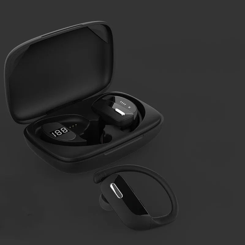 Black wireless Bluetooth headset with LED digital display and hanging ear design