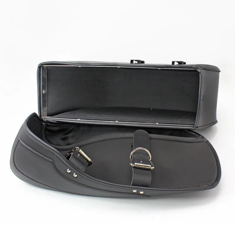 Retro style black PU leather motorcycle side box saddle bag mounted on a bike.