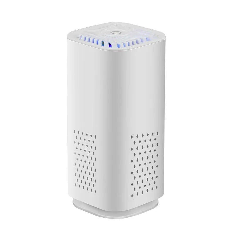 Compact USB air purifier in black or white for car and small space use