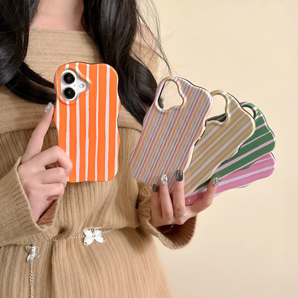 Colour-block striped film phone case showing orange and pink LQ5 wave stripe patterns on iPhone
