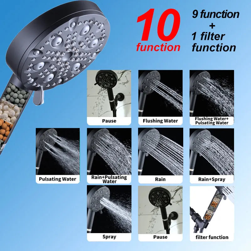 Dark matte black hand-held shower head set with filter, bracket, and hose on a white background