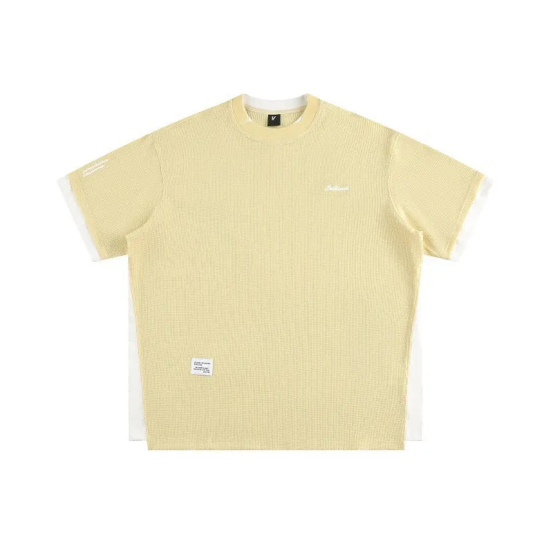 Retro alphabet embroidered loose waffle t-shirt with fake two-piece design in polyester fibre fabric