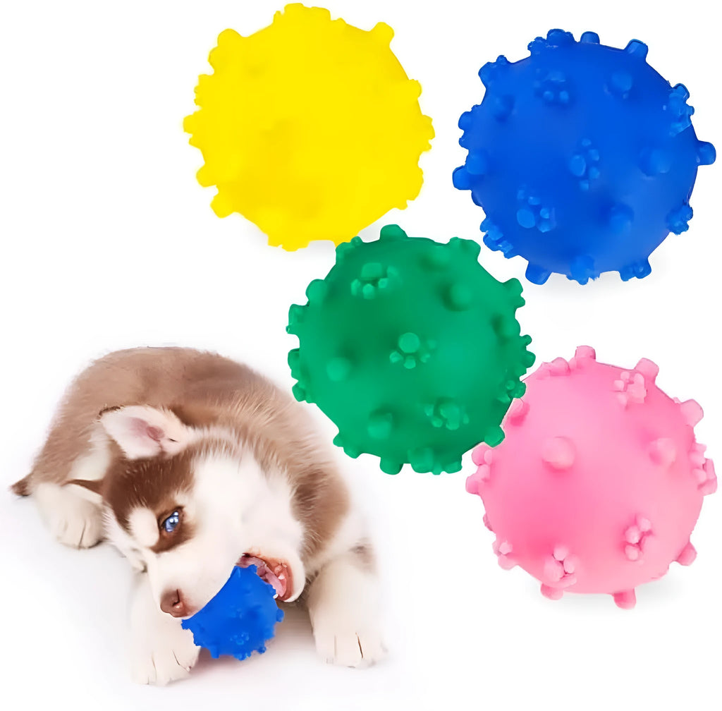 Set of four brightly coloured spiked dog balls with paw print dimples, each 5 cm in diameter