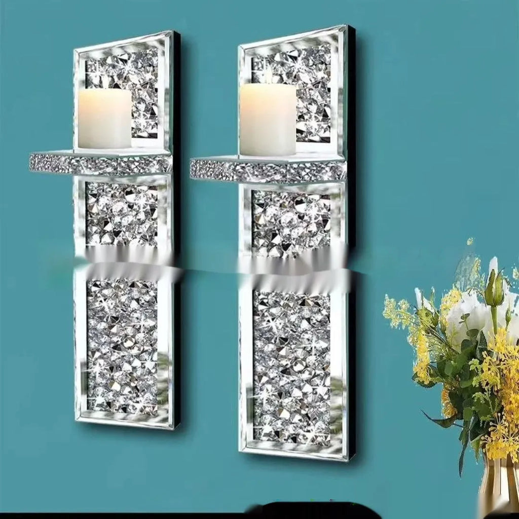 Pair of silver mirror glass wall candlestick holders measuring 10x11x38cm