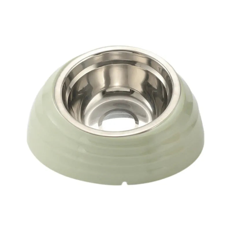 Stainless steel cat bowl on a plastic base in a choice of beige, brown, or light green.