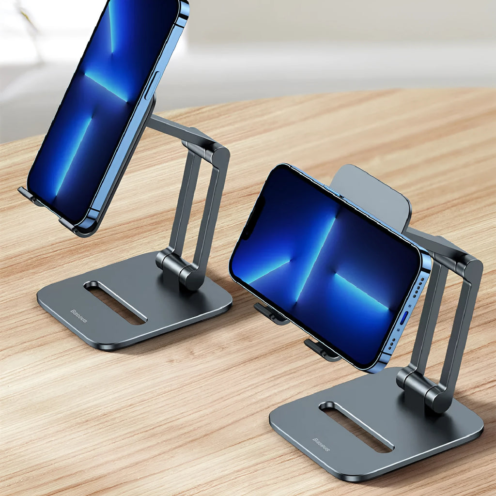 Deep space grey aluminium folding stand holding a tablet at an angle.
