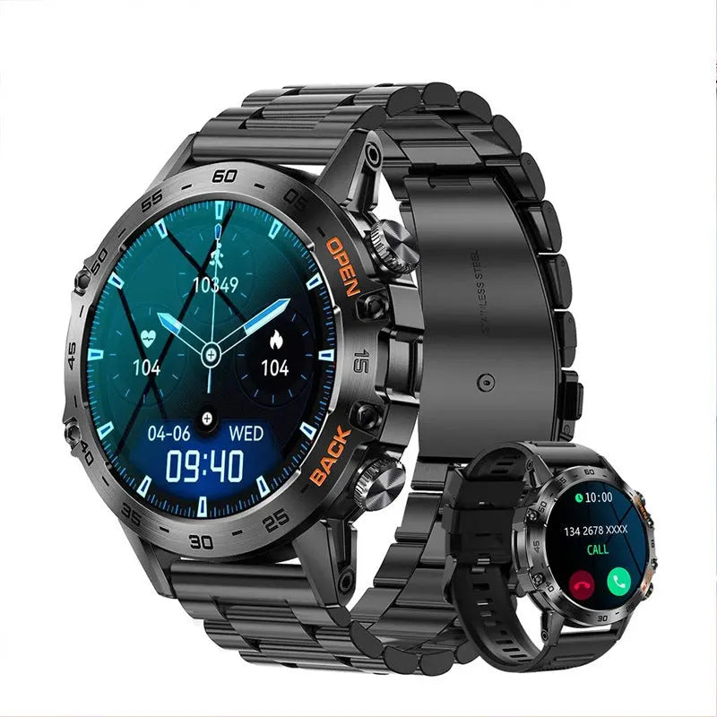 Bluetooth calling smart watch with IPS touch screen on wrist, showing health metrics display