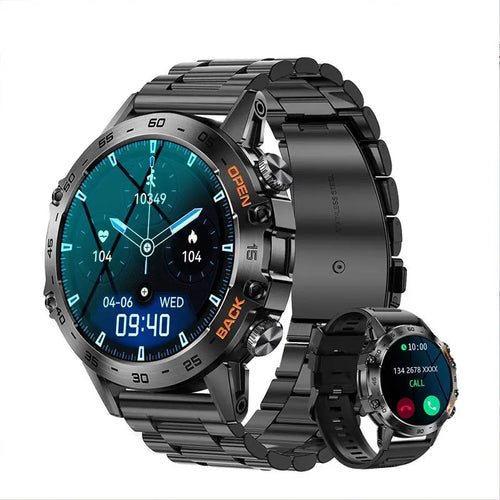 Bluetooth calling smart watch with IPS touch screen on wrist, showing health metrics display