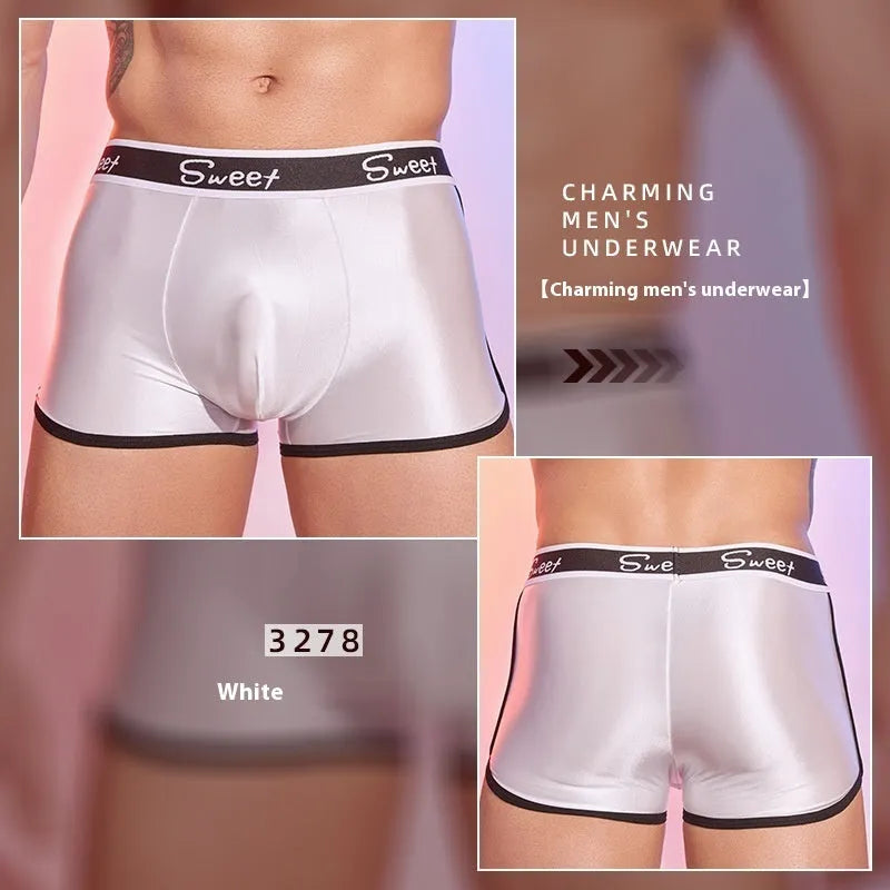 Men's shiny silky boxer shorts in black, white, and sapphire blue colours