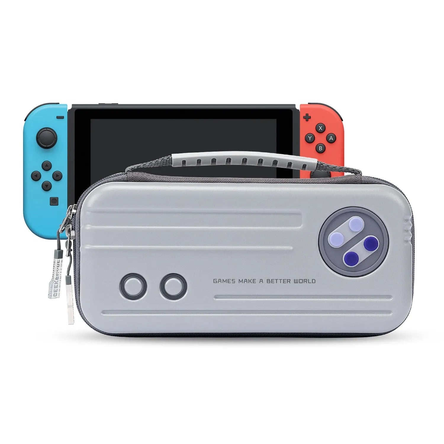 Nintendo Switch OLED storage clutch bag with handle and game cartridge compartments in grey colour