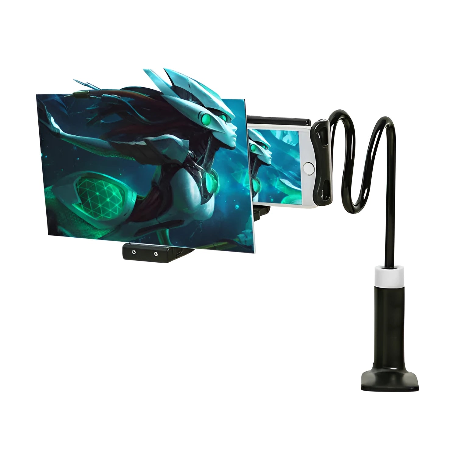 Black mobile phone screen amplifier with 12-inch acrylic lens on an adjustable folding bracket