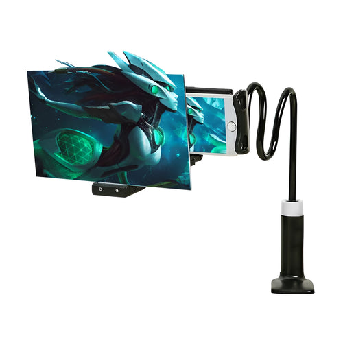 Black mobile phone screen amplifier with 12-inch acrylic lens on an adjustable folding bracket