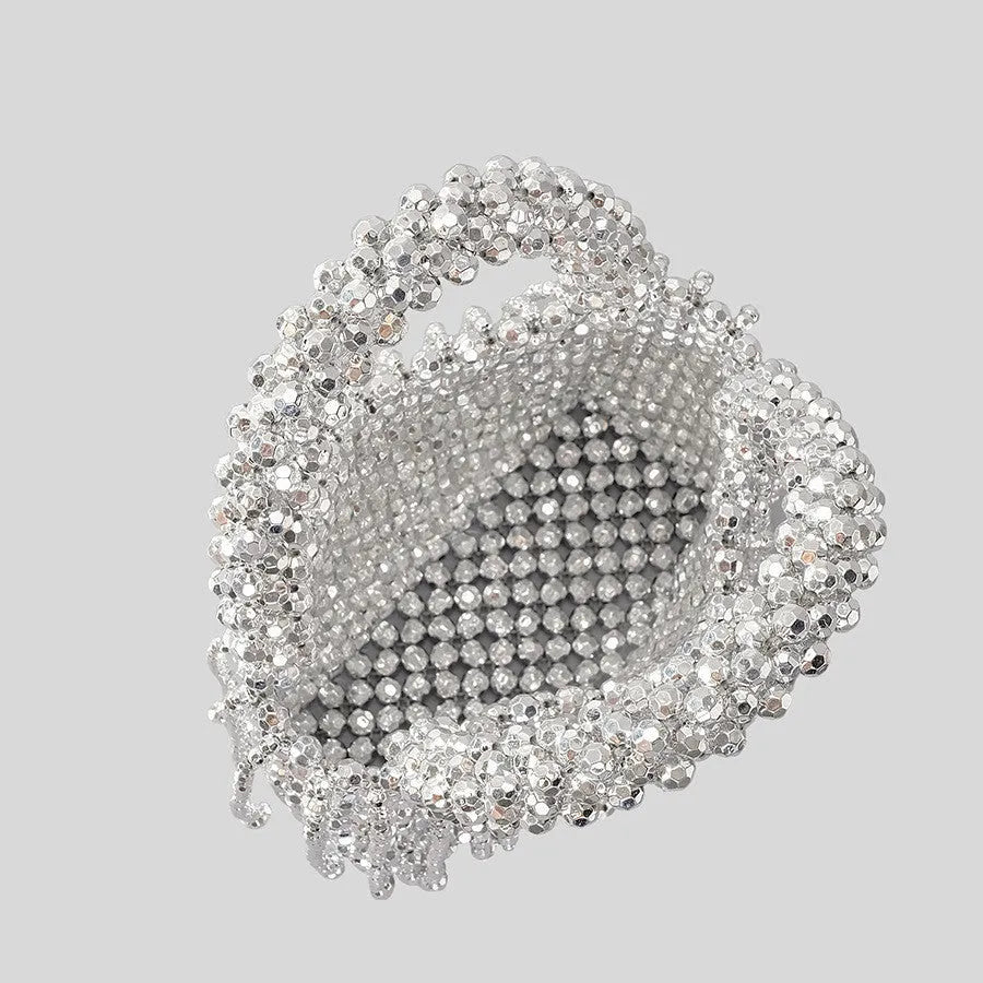 Acrylic tassel handbag for women DIY handmade bucket bag in silver with beaded and hollow details