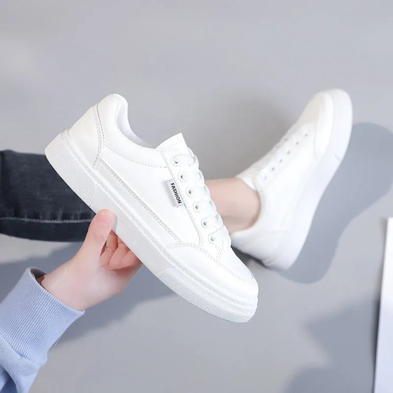 Korean style white and brown low-top women's sneakers with PU upper and plastic sole on size chart.