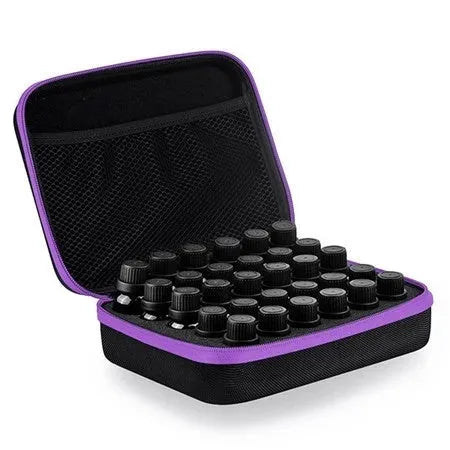 Red EVA cube-shaped bag with 30 compartments for 15ml essential oil bottles, shown with zipper open.