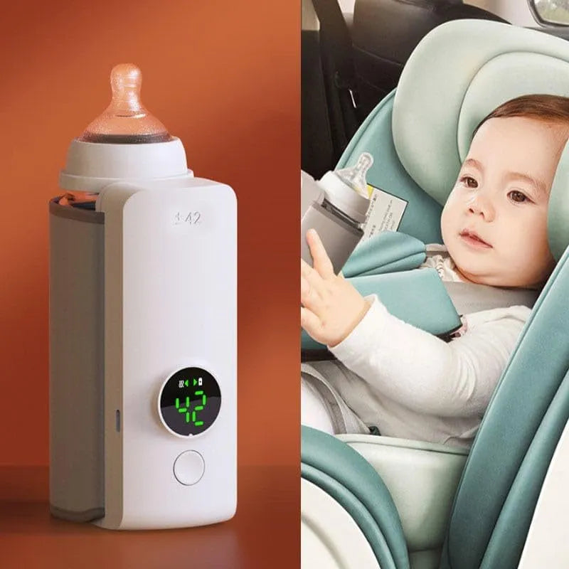 Portable wireless baby bottle warmer with USB charging cable showing wrap-around non-woven design