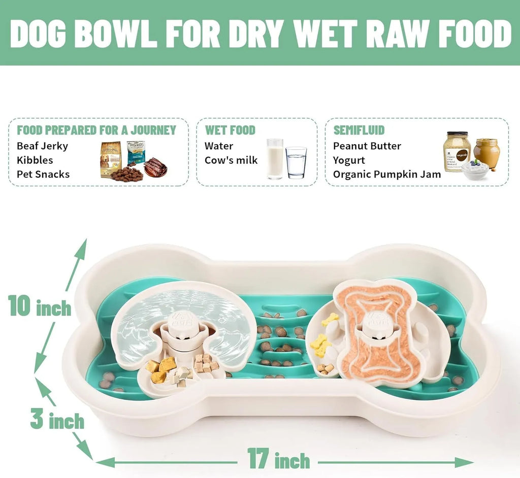 Large green slow feeder dog bowl with three separable puzzle trays and non-slip suction cups on base.