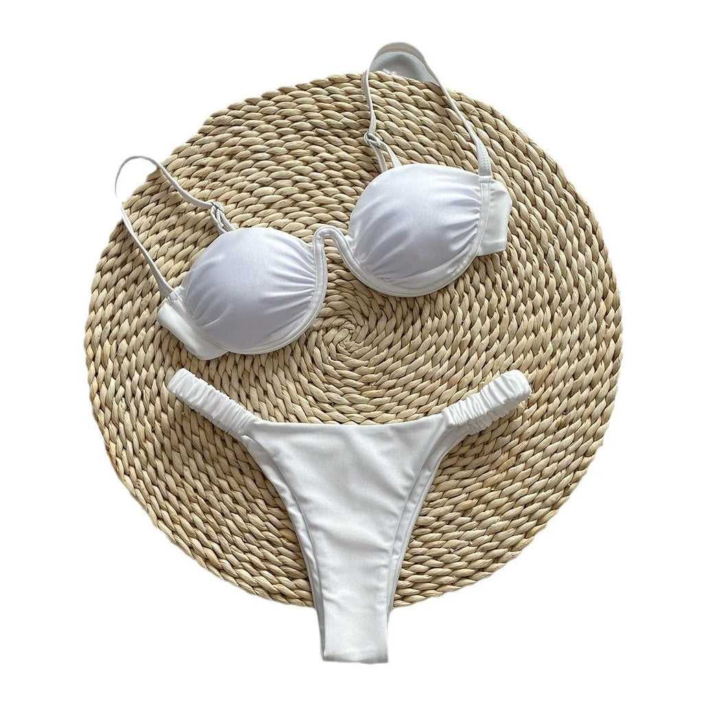 European style women's underwire bikini swimsuit in khaki colour with split briefs design