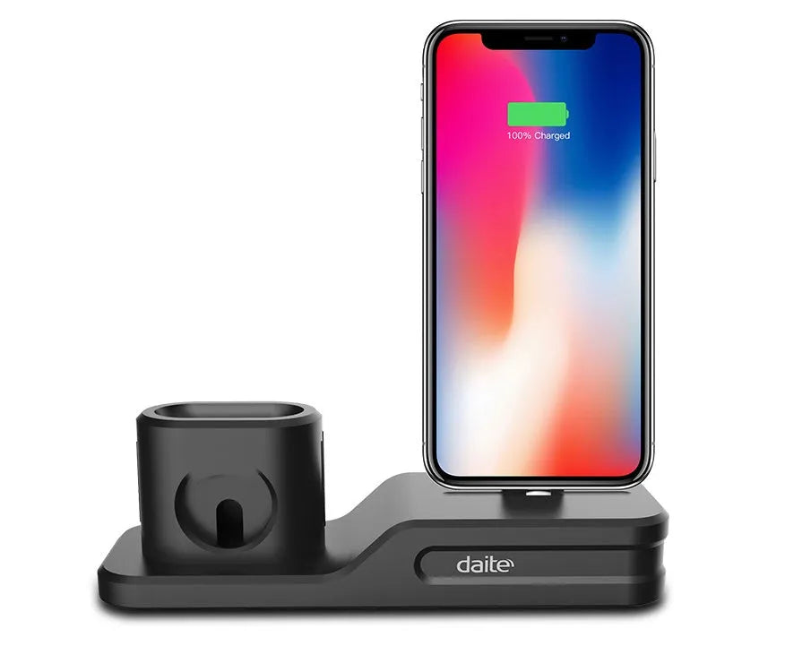 Black silicone 3-in-1 charging station for Apple iPhone, iWatch and AirPods on a desktop