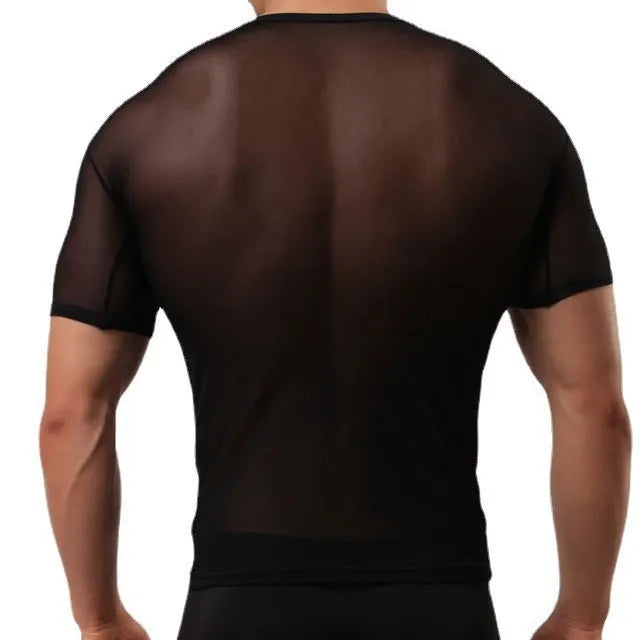 Man wearing a slim fit, transparent mesh short-sleeved T-shirt in a solid colour.