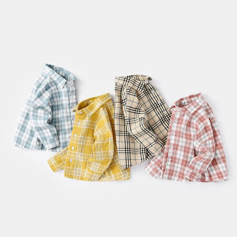 Boys' cotton lattice shirt in khaki, light blue, pink, or yellow with long sleeves for spring and autumn wear
