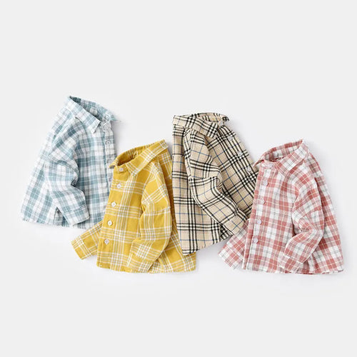 Boys' cotton lattice shirt in khaki, light blue, pink, or yellow with long sleeves for spring and autumn wear