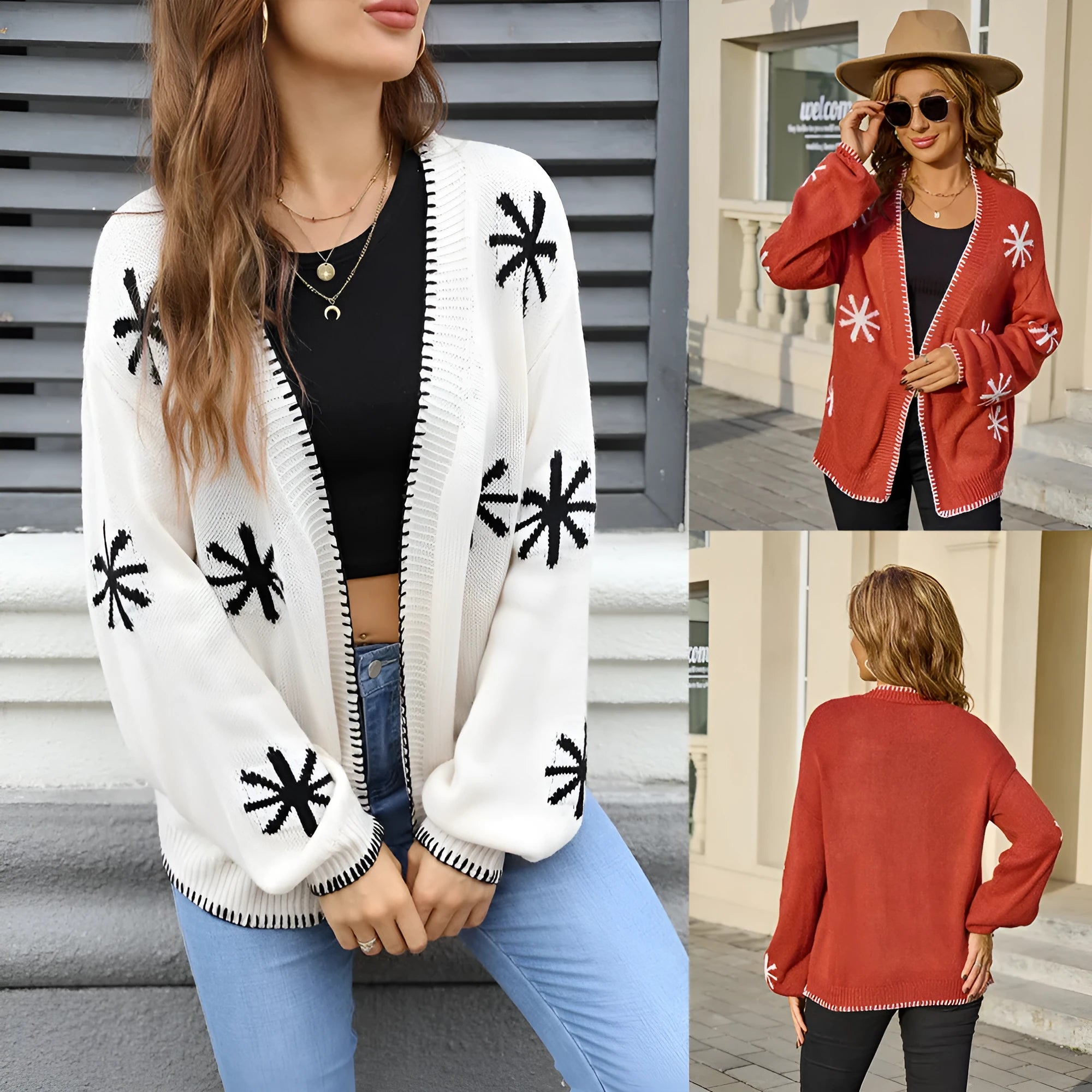 Beige plus size women's knitted cardigan coat with jacquard flower pattern, loose off-neck street fashion style.