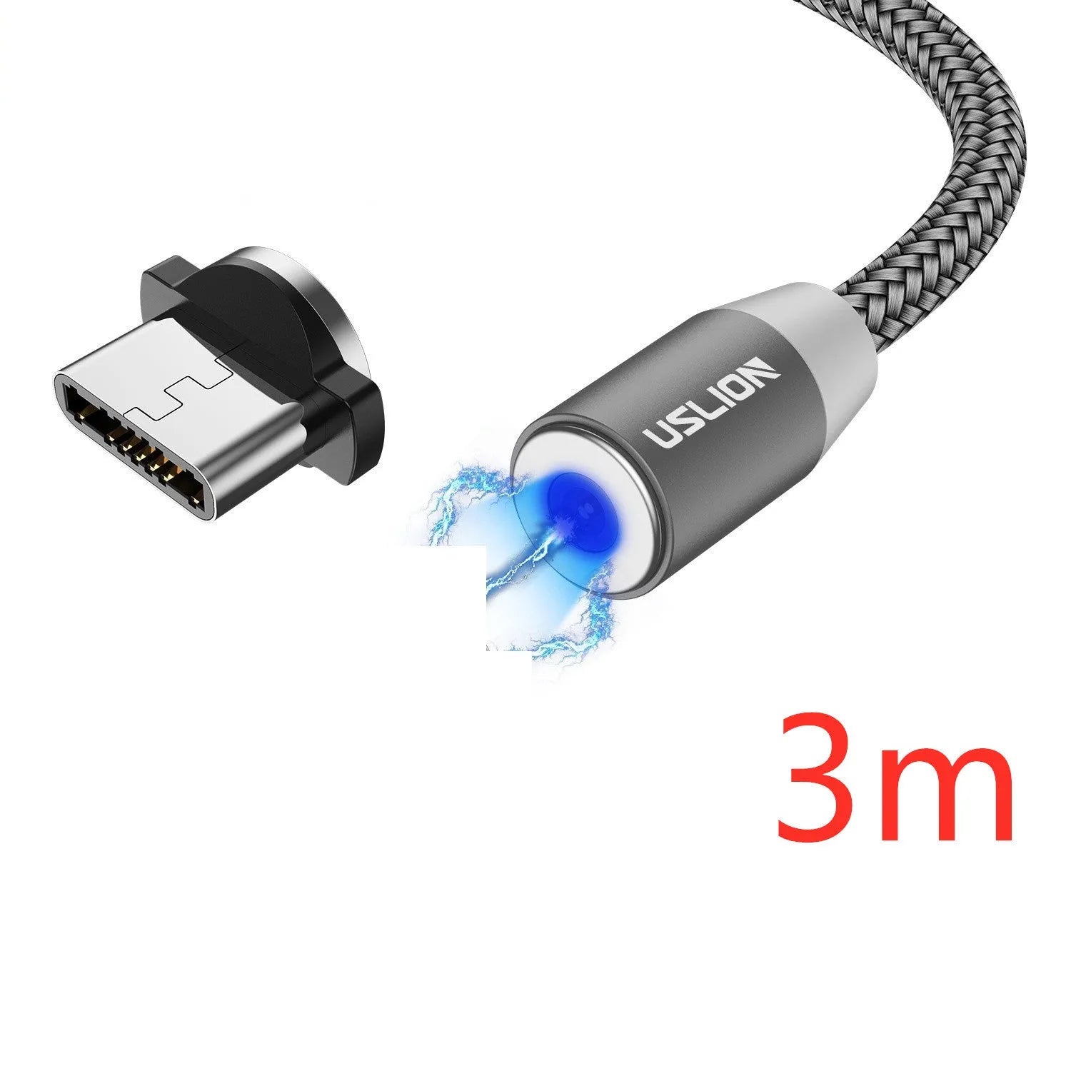 USLION circular magnetic charging cable in black, showing magnetic connector and plug for Android, iOS, or Type-C device.