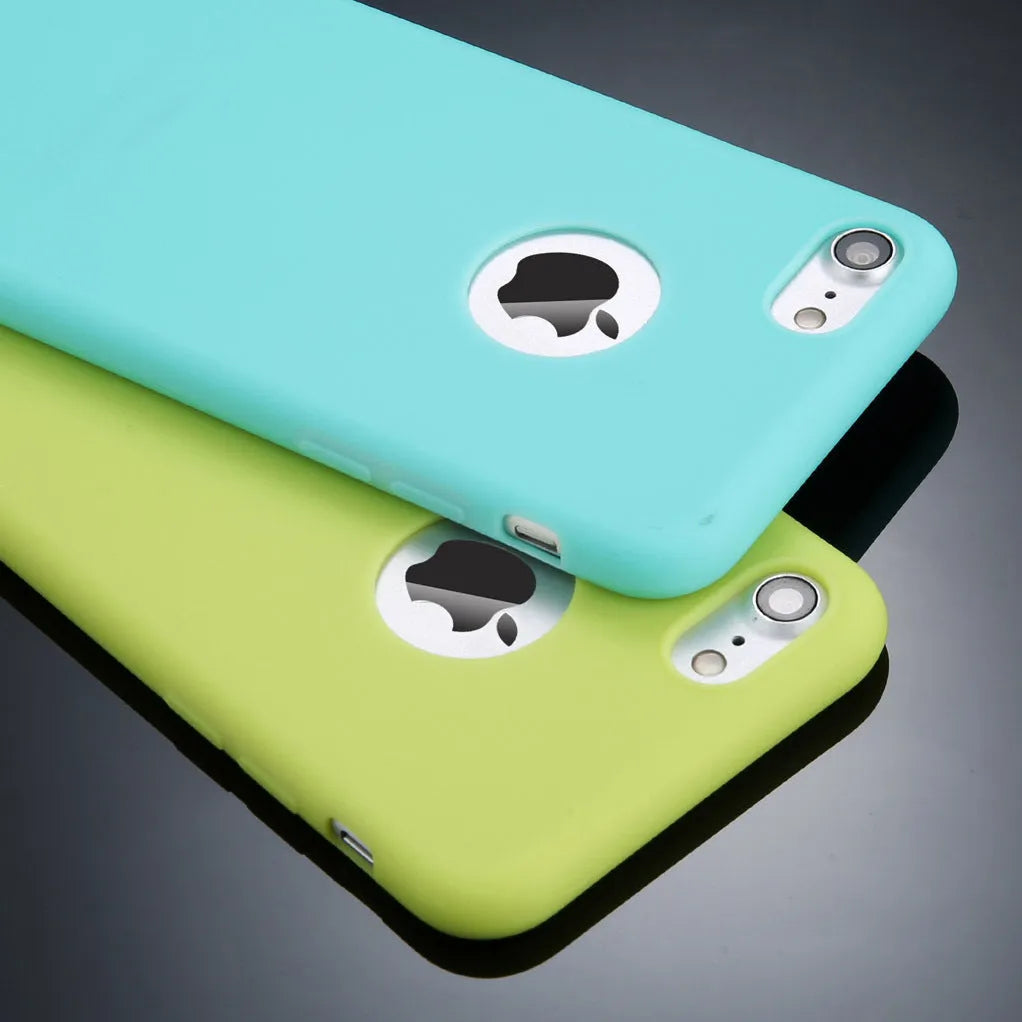 Soft plain silicone TPU phone case for iPhone in candy colours like blue, pink, and red.