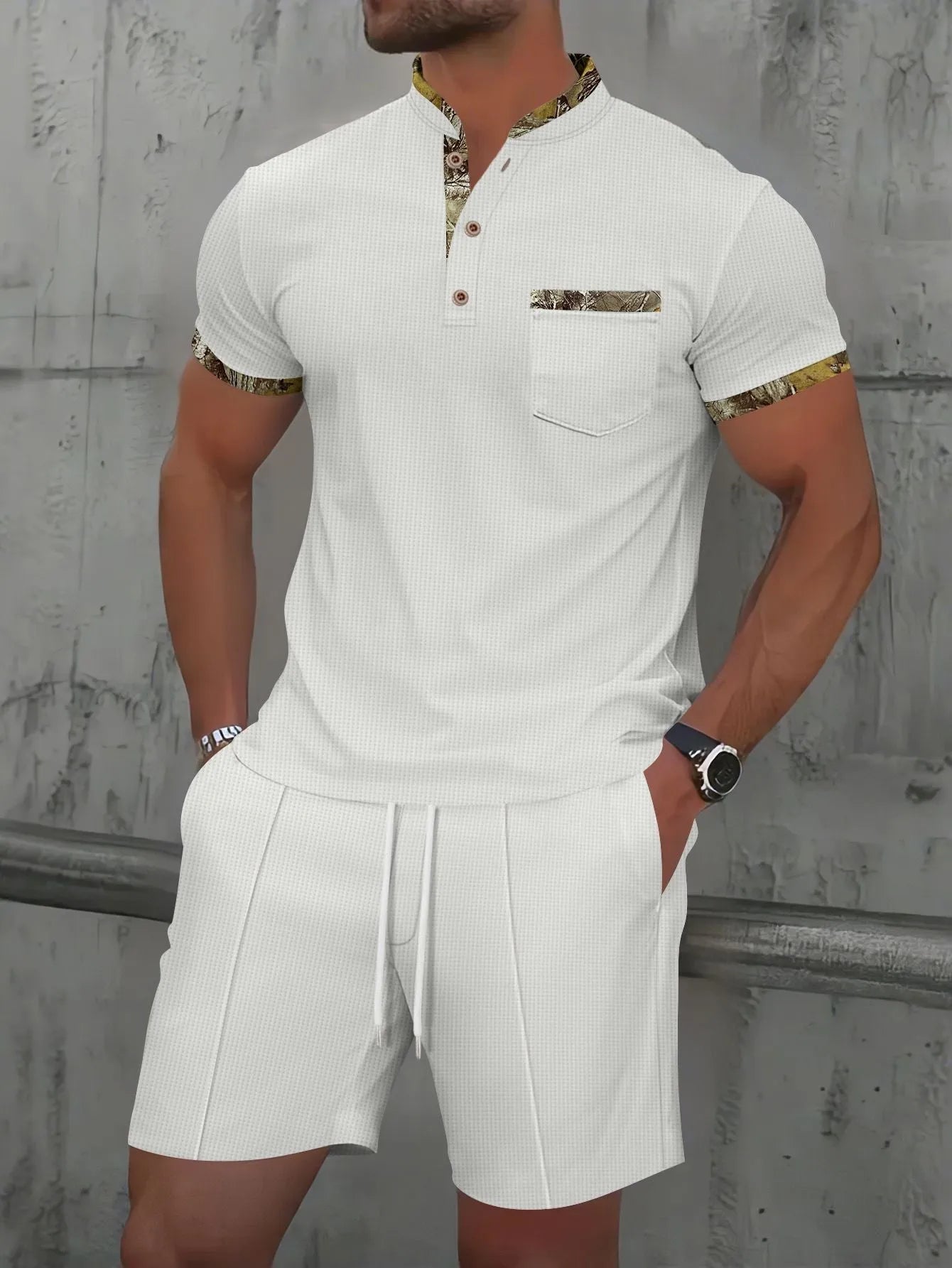 Men's grey zip-front polo short sleeve top and matching shorts, a cotton blend summer suit set.