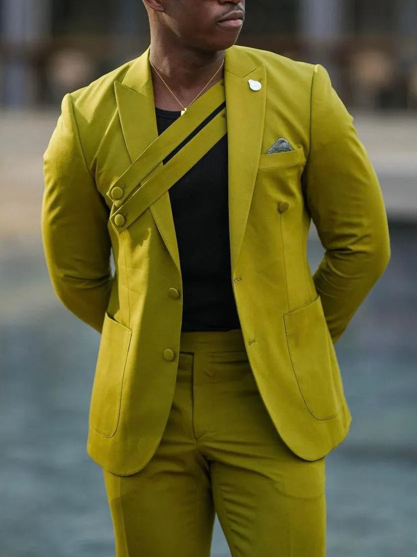Olive green women's suit set with asymmetric strap blazer and trousers, tailored fit, polyester, regular length, sizes S to 3XL