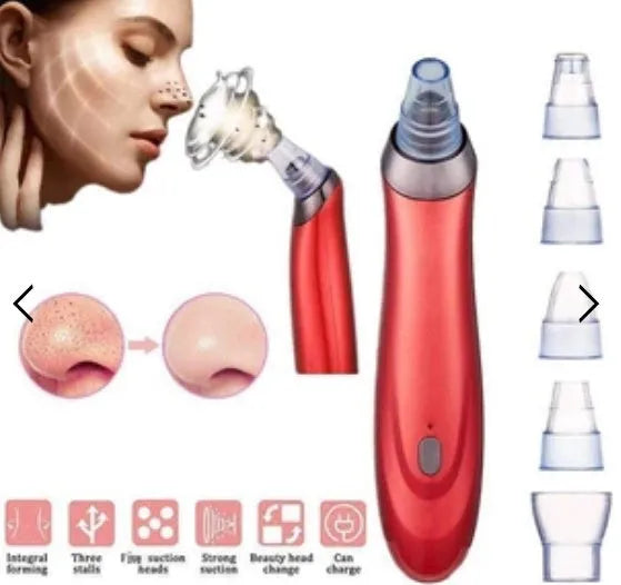 Black, gold, red, or white coloured electric blackhead removal tool with multiple nozzle tips