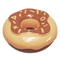Pink, yellow, and chocolate coloured TPR donut dog toy with textured surface for teeth cleaning.