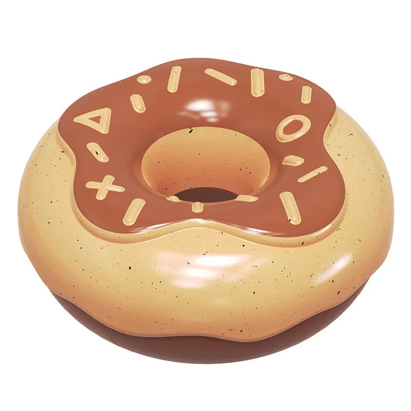 Pink, yellow, and chocolate coloured TPR donut dog toy with textured surface for teeth cleaning.
