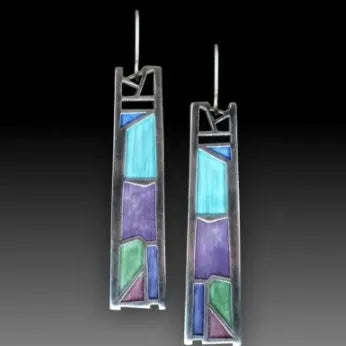 Water drop-shaped silver alloy earrings with irregular oil colour finish measuring 4cm long