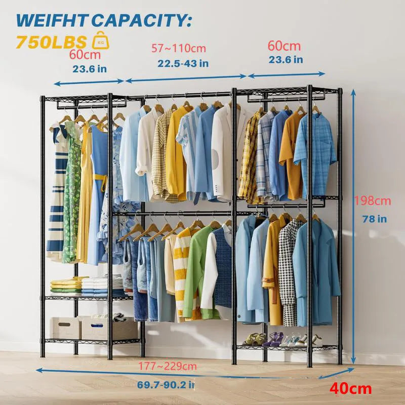 Black metal floor storage rack for hangers trousers and ties organisation 175x40x192cm dimensions