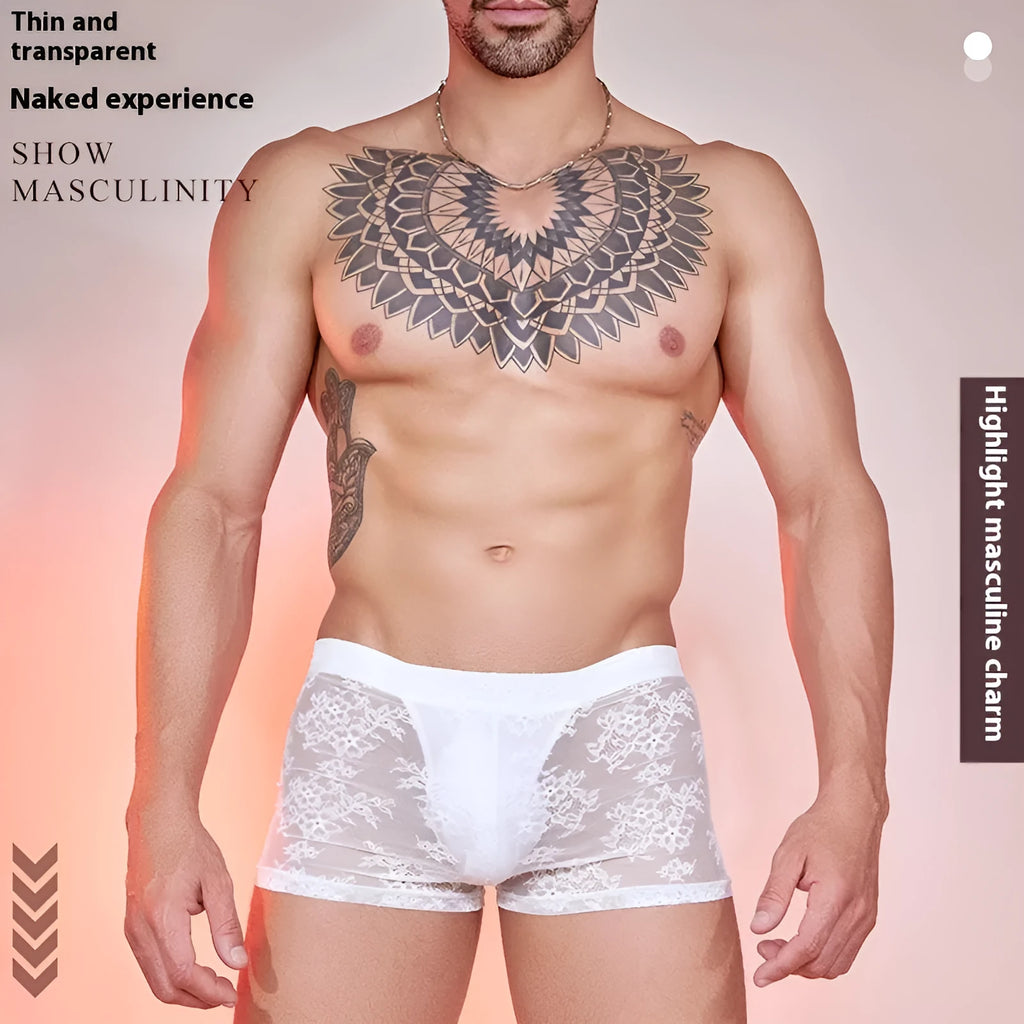 Black, white, and red nylon men's boxer briefs on a plain background.
