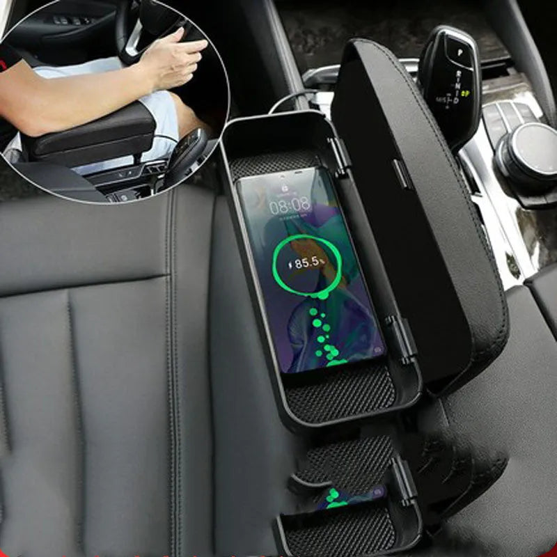 Car armrest box with wireless charging and adjustable armrest pad in black with red stitching