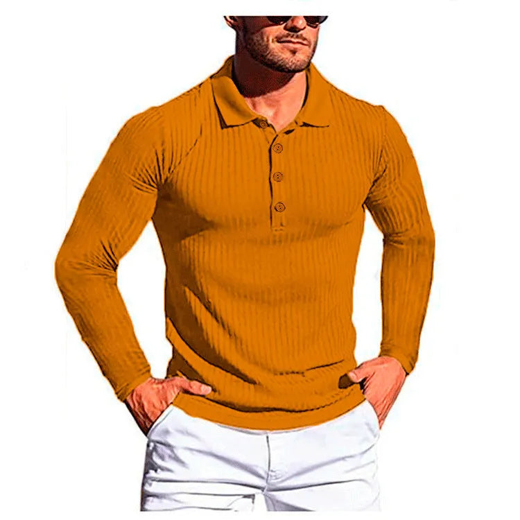 Man wearing a striped loose-fit short sleeve shirt in a high elastic knit fabric, showing the stretch and casual style.
