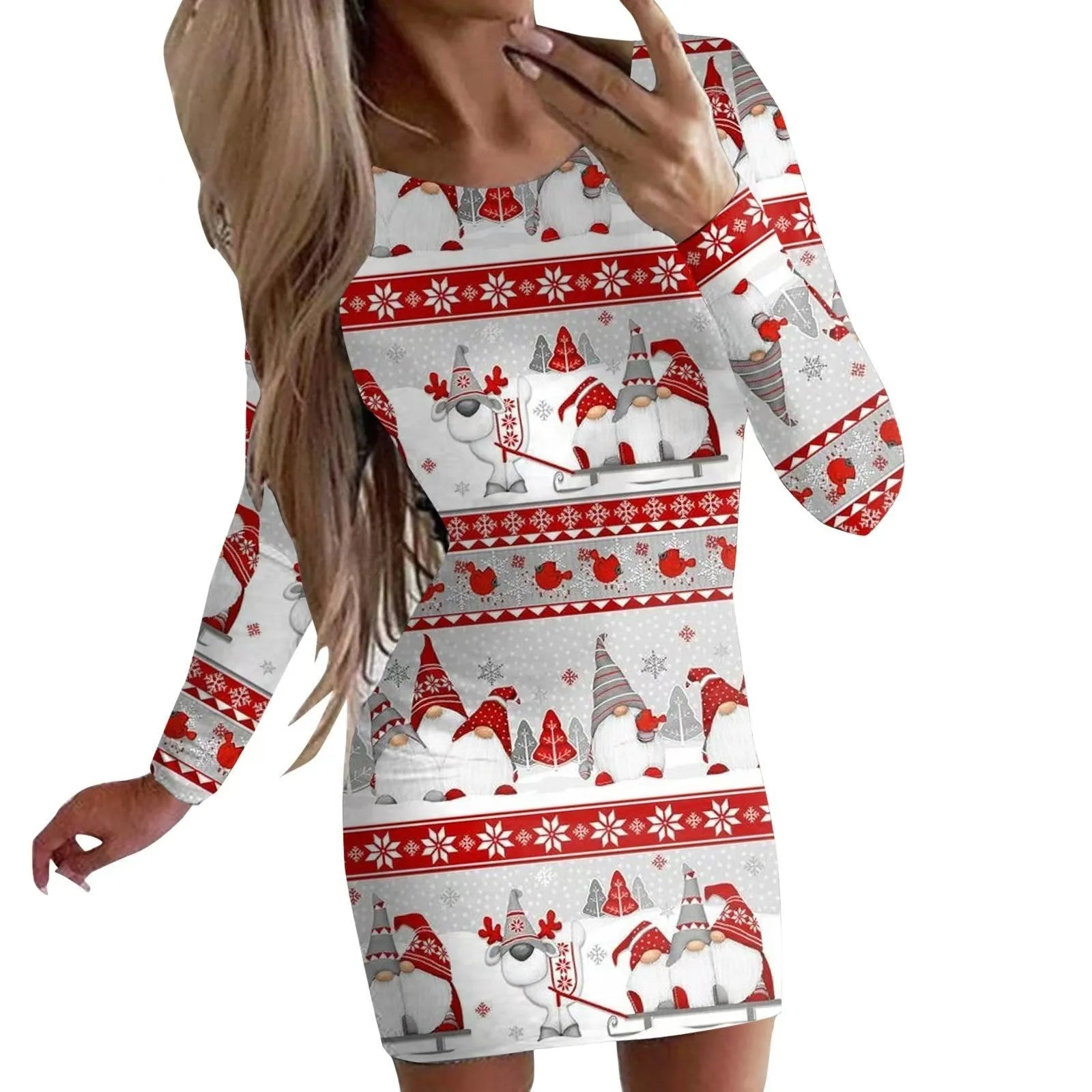 Christmas printed round neck long sleeve narrow dress with animal pattern and colourful flower design