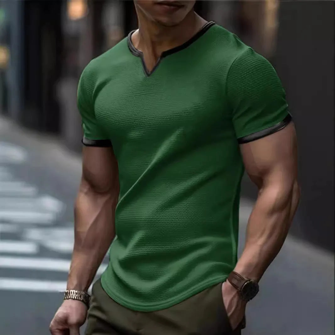 Colour-block V-neck sports t-shirt with waffle knit texture in polyester fabric for outdoor athletic activities