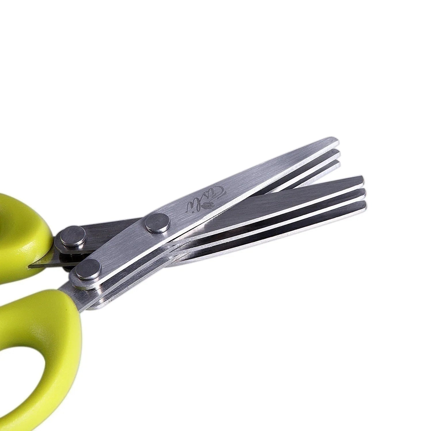 Green stainless steel multi-blade herb scissors with V-shaped design for cutting nori and green onions.