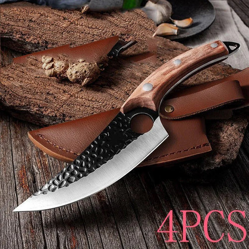 Curved boning butcher knife with hammer-pattern blade and brown leather sheath on a cutting board.