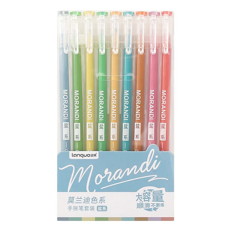 Nine Japanese gel pens in plastic case with 0.5mm needle tips in retro colour theme