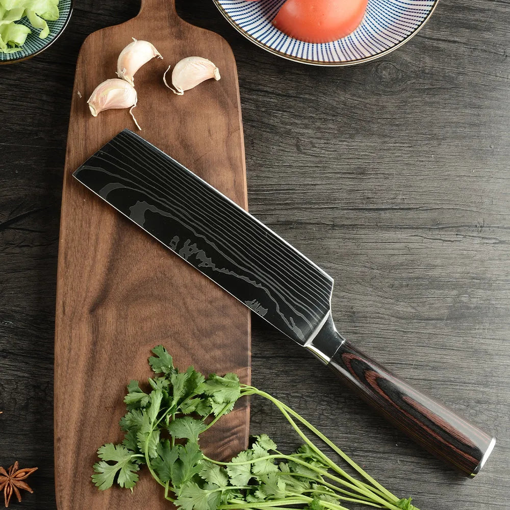Seven-inch stainless steel multi-purpose chef knife on cutting board